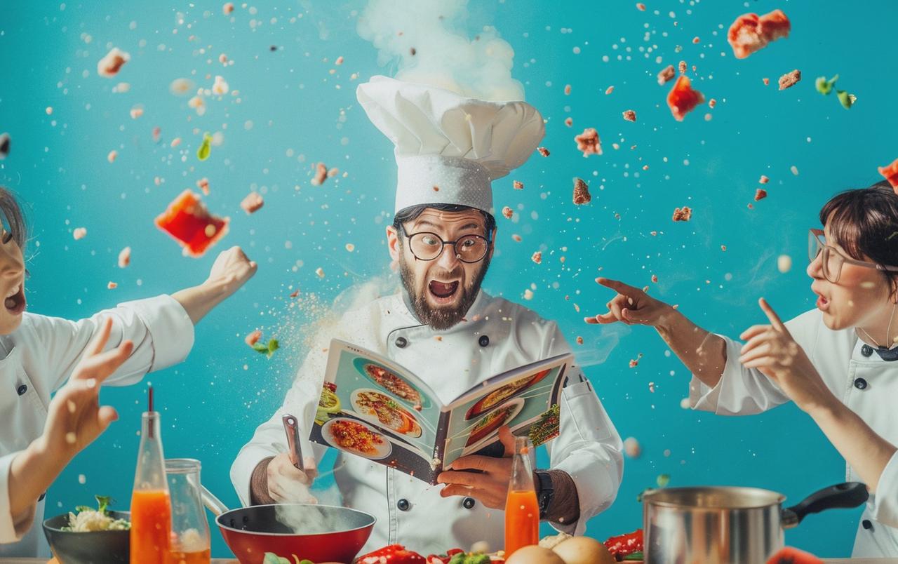 A vivid photograph of a chef reading an AI-generated cookbook in one hand while absentmindedly stirring a pot of questionable ingredients in the other. People are pointing at the chef, and screaming at each other. Food is flying everywhere.