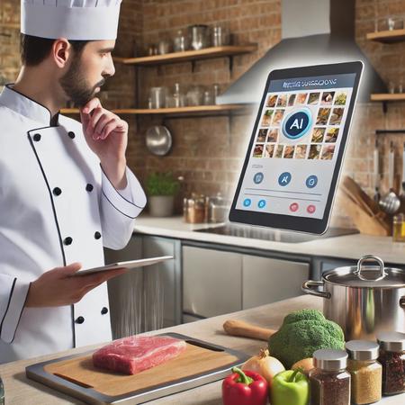 A visually striking image showing a chef in a modern kitchen, interacting with an AI displayed on a sleek tablet. The chef is thoughtfully looking at the tablet, where recipe suggestions are visible, while in the foreground, various ingredients like spices, vegetables, and meats are neatly arranged, ready for cooking. The background shows a clean, well-organized kitchen with stainless steel appliances and a warm, inviting atmosphere.