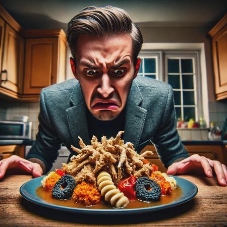 A dramatic image of a disgusted person in a kitchen, looking down at a plate of inedible, poorly prepared food. The food is an unappetizing mixture of mismatched ingredients, poorly presented, with strange colors and textures. The person’s expression is one of shock and disappointment. The kitchen background is slightly disheveled, hinting at a chaotic or rushed cooking process. The atmosphere conveys a sense of culinary failure, with a focus on the reaction to the food rather than the food itself.