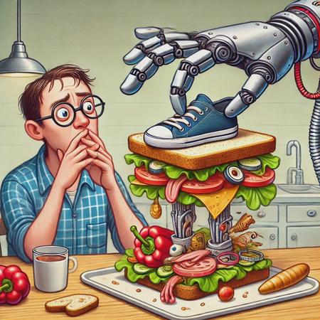 A humorous image of a sandwich being assembled by a robotic or mechanical hand, with a confused expression on a person’s face as they look at the strange sandwich. The sandwich should have odd, mismatched ingredients, such as mismatched bread, unusual fillings like a shoe or random objects instead of food, and a haphazard, chaotic presentation. The background should show a simple kitchen setting, emphasizing the absurdity of the situation.