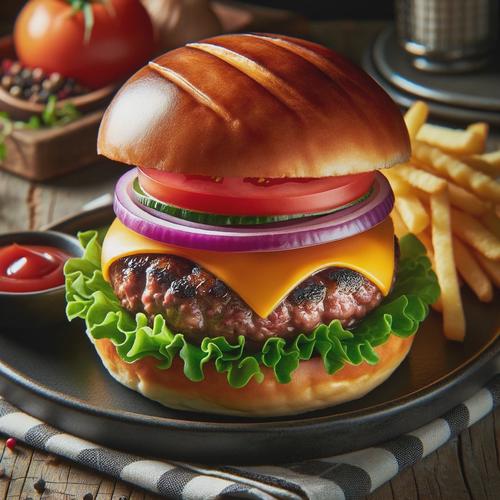 Generated image of a gourmet hamburger on a plate, showcasing a perfectly grilled beef patty topped with melted cheddar cheese, crisp lettuce, a juicy tomato slice, red onion, and a toasted brioche bun.