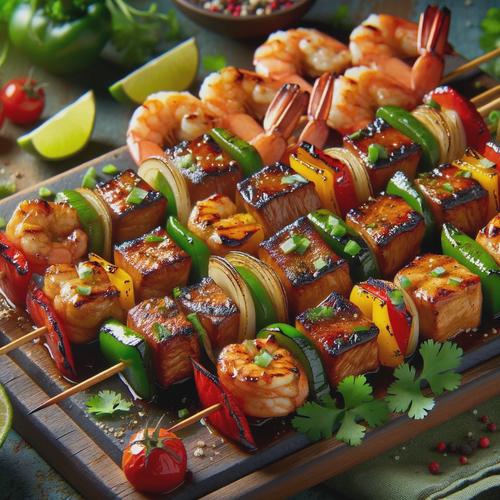 Generated image of grilled skewers with cubes of pork tenderloin and large shrimp alternating with chunks of bell peppers and onions