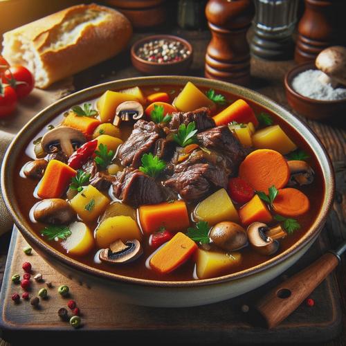 Generated image of a rustic, hearty beef and vegetable stew in a deep bowl, showcasing tender pieces of beef shanks and necks.