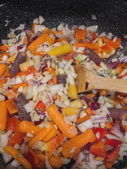 Diced veggies crowded in a large pot.