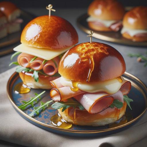 A gourmet presentation of two types of baked sliders on an elegant plate. One slider is sophisticated, with thinly sliced turkey, creamy melted Brie, and a hint of arugula, topped with a shiny, honey-butter glazed bun. The other slider is classic and comforting, featuring thinly sliced ham, melted Swiss cheese, and a light spread of mayonnaise, capped with a golden-brown, buttery toasted bun. The arrangement is set in a high-end dining context, showcasing the delicious contrast between the refined and the traditional slider, both looking irresistibly appetizing.