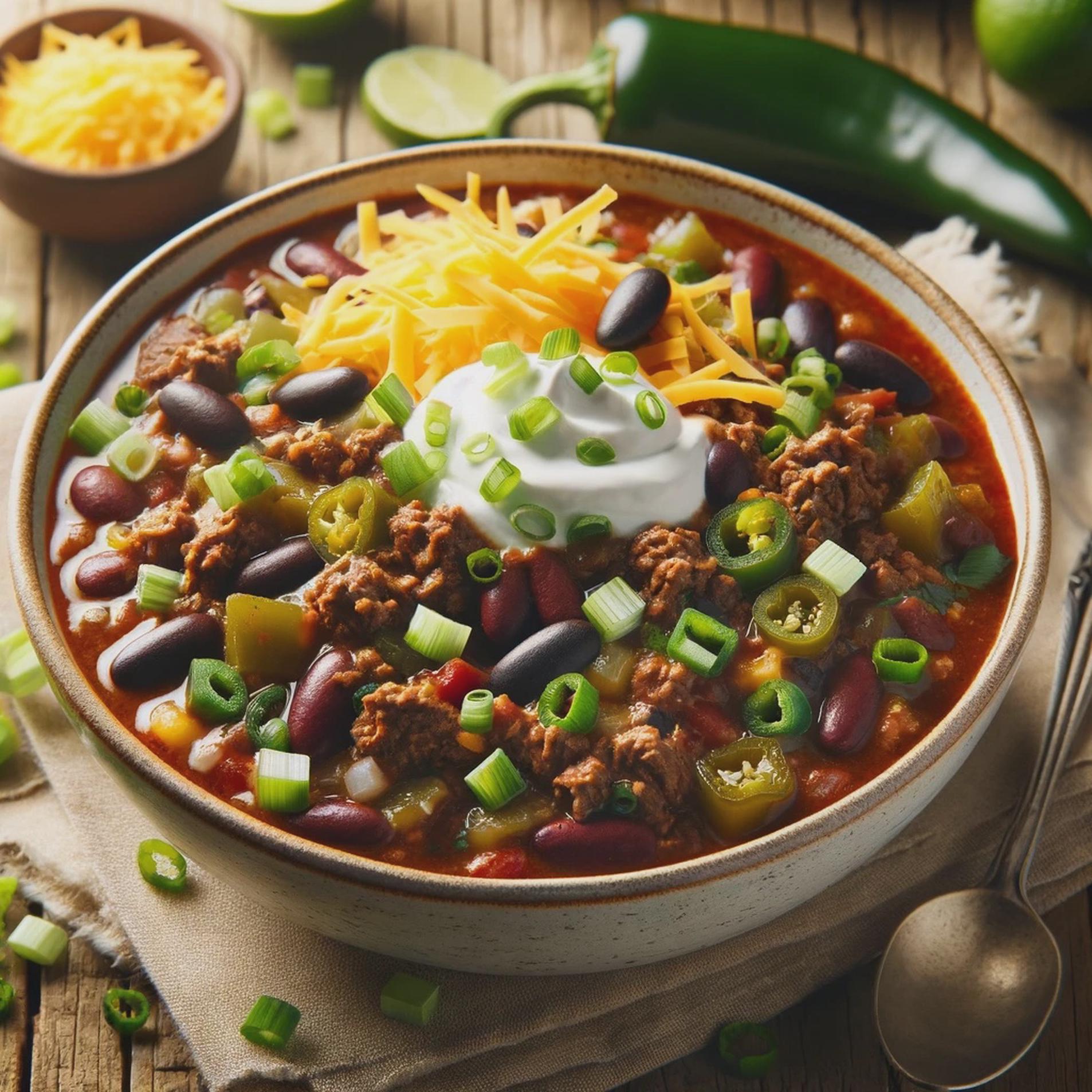 A hearty bowl of beef chili featuring ground beef, cubed beef chuck, and beef short ribs, with diced poblano peppers, kidney beans, and black beans. The chili is topped with shredded cheddar cheese, a dollop of sour cream, chopped green onions, and a sprinkle of cilantro. The bowl is on a rustic wooden table alongside a spoon, with a lime wedge on the side.