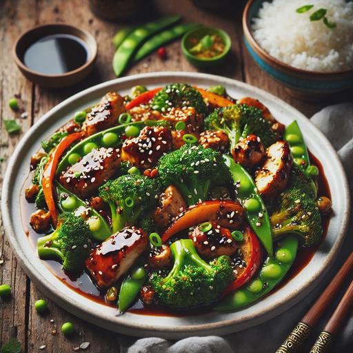 A vibrant and delicious stir fry featuring charred broccoli and tender chicken slices coated in a glossy, savory douchi (fermented black bean) sauce. The dish is garnished with chopped green onions and sesame seeds and served on a pristine white plate. Surrounding the plate are stir-fried vegetables, including red and green bell peppers, carrots, and snow peas, all cooked to a crisp-tender texture. The setting is a rustic wooden table with chopsticks, a small bowl of steamed rice, and a soy sauce bottle in the background. The lighting is natural, emphasizing the vibrant colors and textures.