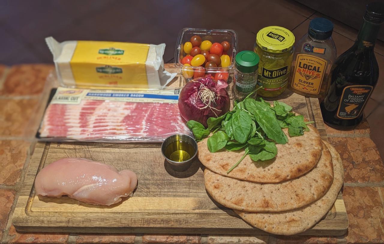 Ingredients for Cheesy Chicken & Bacon Flatbread