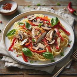 A gourmet plate of Chicken, Mushroom, and Red Pepper Pasta with Greek Yogurt. The pasta is perfectly coated in a creamy sauce, garnished with fresh basil leaves and grated Parmesan cheese. The chicken pieces are golden brown, mushrooms and red bell peppers are tender and colorful. A sprinkle of red pepper flakes adds a hint of spice, and lemon zest provides a bright touch to the dish. The serving is on a white, elegant plate, with a fork on the side, set on a rustic wooden table.