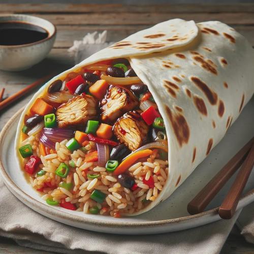 A photo-realistic image of a fusion dish called the Great Wall Burrito. It's a large flour tortilla with stir-fried chicken in a rich black bean sauce, fried rice with fresh carrots, sautéed onions, and red and green bell peppers. The burrito is neatly rolled and cut in half, showcasing the colorful filling. It's served on a white plate with extra black bean sauce. The background is a rustic wooden table with a napkin and chopsticks.