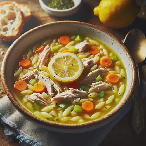 A bowl of Lemon Chicken Orzo Soup. The bright and colorful soup has visible chunks of shredded chicken, diced carrots, celery, and orzo pasta. Lemon slices are garnishing the top, and there's a light scattering of chopped parsley. The bowl is on a rustic wooden table, accompanied by a spoon and a small plate with a slice of crusty bread. The lighting is warm, creating a cozy and delicious atmosphere.