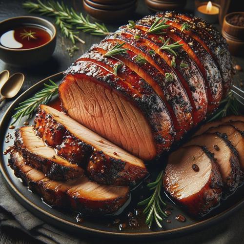 Generated image of A perfectly grilled coffee and brown sugar rubbed pork loin roast. The pork loin is caramelized and dark on the outside, juicy and tender inside.