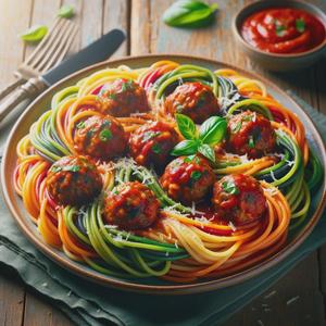 An image of a vibrant and colorful dish featuring multicolored vegetable-infused spaghetti in shades of red, green, and orange neatly twirled on a plate. On top of the spaghetti are juicy, golden-brown meatballs covered in a rich, glossy marinara sauce. The dish is garnished with fresh basil leaves and a sprinkle of grated Parmesan cheese. The setting is a rustic wooden table, enhancing the dish’s home-cooked appeal.