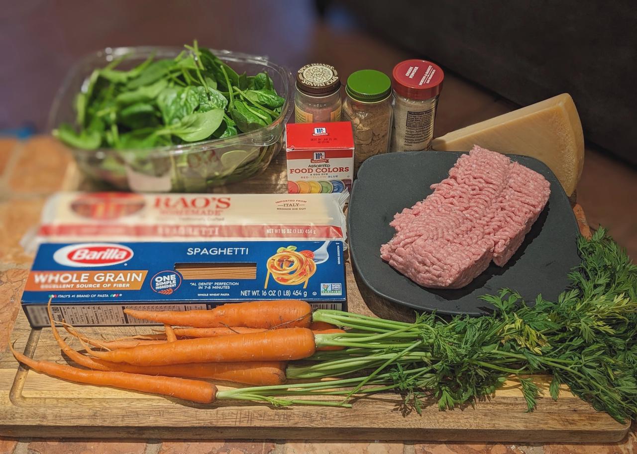 Ingredients for Colorful Spaghetti with Hidden Veggie Meatballs