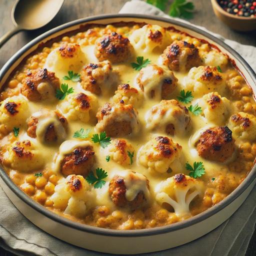 A cozy, baked dish of cauliflower gnocchi and turkey meatballs in a creamy lentil soup gravy, topped with a golden and bubbly 3 cheese blend. The gnocchi and meatballs are lightly browned, and the melted cheese has crispy edges. The dish is garnished with fresh parsley, and the background shows a rustic wooden table with a serving spoon nearby, ready to serve. The dish looks hearty, comforting, and perfect for a satisfying meal.