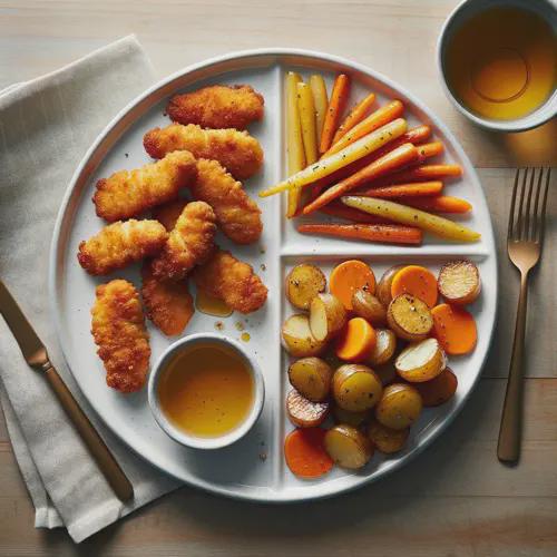 A dinner plate with three separate sections, each containing a different dish. One section holds crispy baked chicken tenders, golden brown and lightly breaded. Another section has honey-glazed carrots, glossy and tender. The final section contains crispy roasted baby potatoes, golden and seasoned with salt and pepper. The plate is white, showcasing the colors of the food, and the background is a simple wooden kitchen table.