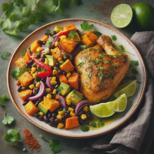 A beautifully plated dish featuring Jamaican green seasoning baked chicken with a sweet potato and black bean salad. The chicken is golden and crispy, resting next to a vibrant salad made of roasted sweet potatoes, black beans, toasted corn, red bell peppers, avocado, red onion, and cilantro, all tossed in a lime-cumin dressing. The plate is garnished with lime wedges and fresh cilantro leaves. The setting is rustic yet elegant, with natural light highlighting the rich colors of the food.