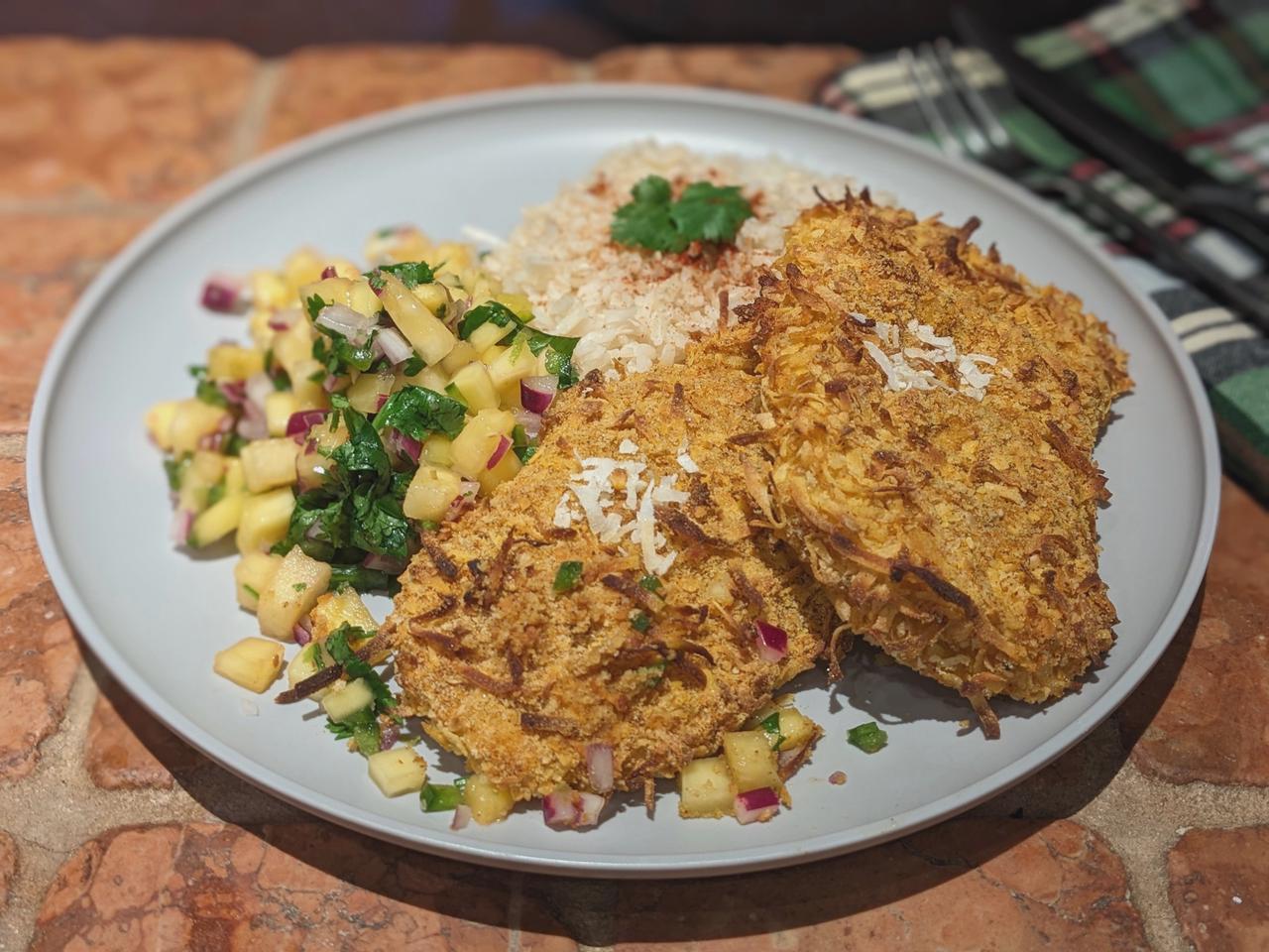 Crispy Coconut-Curry Chicken with Mango-Pineapple Salsa