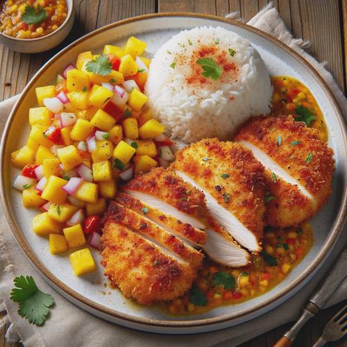 A photo of a dish featuring baked coconut-curry chicken cutlets, mango-pineapple salsa, and a side of rice. The chicken cutlets are golden, crispy, and coated with panko breadcrumbs, shredded coconut, curry powder, and paprika. They are neatly arranged on a white ceramic plate. Next to the chicken is the colorful mango pineapple salsa, full of diced mango, pineapple, red onion, and cilantro. Additionally, a scoop of fluffy white rice is beside the chicken, complementing the dish. The background is a rustic wooden table, emphasizing the home-cooked feel.