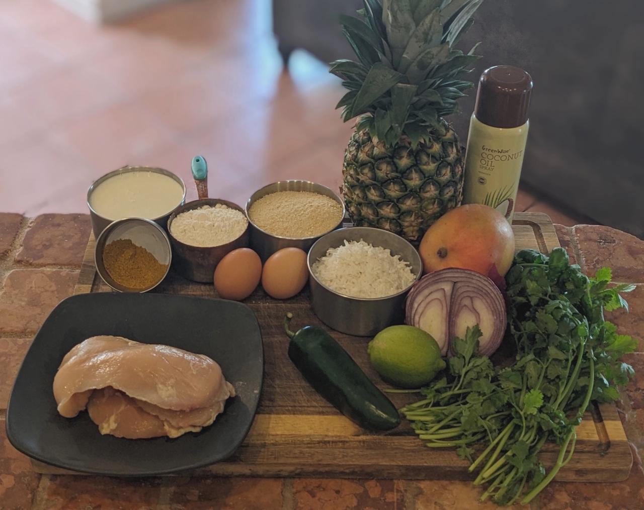 Platter of ingredients for the Crispy Coconut-Curry Chicken with Mango-Pineapple Salsa recipe.