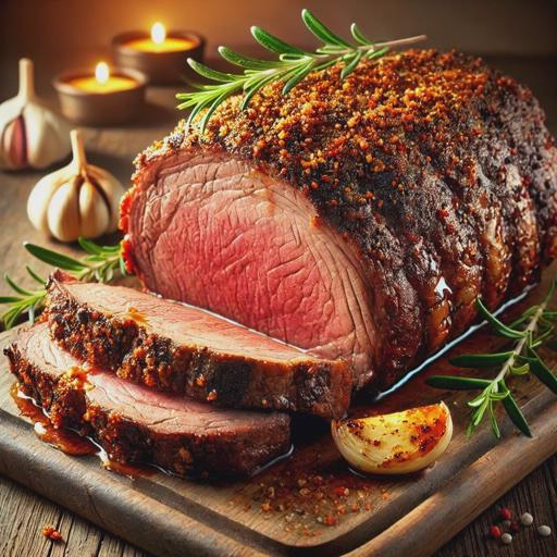 A perfectly cooked boneless rib roast, sliced to reveal a juicy medium-rare interior, with a crispy, golden-brown crust coated in Dijon mustard and paprika seasoning. The roast rests on a wooden cutting board, garnished with fresh rosemary sprigs and surrounded by a few roasted garlic cloves. The background features a warm, rustic kitchen setting with soft lighting, emphasizing the rich, flavorful textures of the roast.