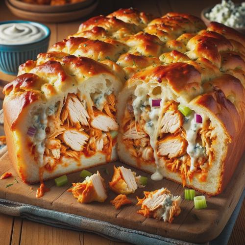 A photo of Buffalo Chicken Garbage Bread, freshly baked and sliced open to reveal its colorful filling. The bread is golden brown and crispy, with layers of shredded buffalo chicken, melted mozzarella and blue cheese, finely chopped celery, and red onion visible inside. The dish is served on a rustic wooden cutting board, with a small bowl of blue cheese dressing and a drizzle of buffalo sauce over the top for added flavor. The background is a warm, inviting kitchen setting.