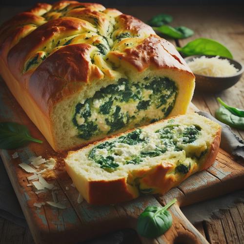 A freshly baked Spinach and Ricotta Garbage Bread sits on a rustic wooden cutting board. The bread is golden brown with a slightly crackled crust. A few slices have been cut, revealing a creamy, cheesy spinach filling steaming hot. The texture of the filling is rich and velvety, contrasting with the crispy exterior of the bread. The scene is cozy, with a warm, inviting glow that suggests the bread has just come out of the oven. Sprinkled around the cutting board are a few leaves of fresh spinach and grated Parmesan cheese, adding a touch of freshness and color to the composition.