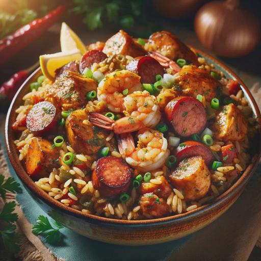 A vibrant and colorful jambalaya bowl showcasing a rich mix of ingredients. The dish is brimming with perfectly cooked rice, succulent pieces of chicken thigh, slices of Andouille sausage, and tender shrimp. It’s garnished with finely chopped green onions and fresh parsley. The jambalaya is richly seasoned, evident from its deep, enticing color, and it’s served in a rustic, deep bowl with a lemon wedge on the side. The setting is warm and inviting, suggesting a homemade, comforting meal.