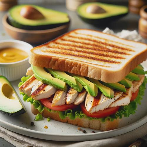 Generated image of a grilled chicken and avocado sandwich on high-fiber white bread.