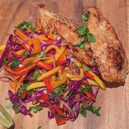 Honey-Sesame Crusted Chicken with Spicy Mango Slaw