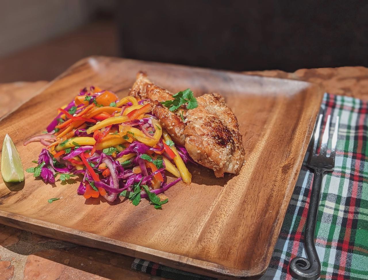 Honey-Sesame Crusted Chicken with Spicy Mango Slaw