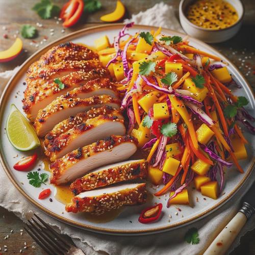 A colorful and flavorful dish of Honey-Sesame Crusted Chicken with Spicy Mango Slaw. The chicken has a golden-brown sesame crust, sliced and arranged neatly on a plate. Beside it, there's a vibrant, fresh, spicy mango slaw with julienned mango, thinly sliced red bell pepper, red cabbage, carrot, and red onion, garnished with chopped cilantro. The slaw is dressed in a light, slightly red-hued dressing, making it look juicy and flavorful. The plate is white, elegantly presenting the dish, with a few sesame seeds scattered around for garnish. The setting is a rustic wooden table with a fork and knife beside the plate.