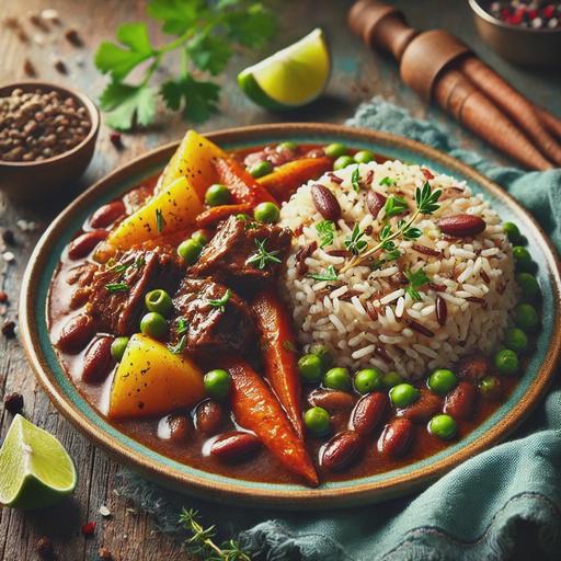 A beautifully plated dish of Jamaican braised beef served with rice and peas. The braised beef is tender and richly coated in a deep brown sauce, accompanied by chunks of carrots and potatoes. The rice and peas are fluffy, with visible kidney beans, garnished with chopped green onions and a sprig of thyme. The plate is set on a rustic wooden table, with fresh cilantro and lime wedges for garnish. A warm, vibrant Caribbean aesthetic with natural lighting highlights the dish.