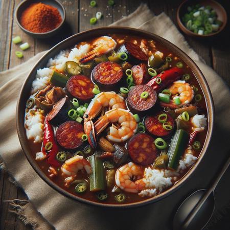 A bowl of rich and hearty Korean Gumbo featuring a colorful and vibrant mix of seared andouille sausage slices, marinated bulgogi-style beef, tender shrimp, and lump crab meat, all nestled in a thick, dark roux-based broth infused with gochujang, kimchi, and okra. The gumbo is garnished with sliced green onions and served over a bed of fluffy white rice, presenting a beautiful blend of Cajun and Korean flavors in a single dish. The image captures the dish in a rustic, inviting setting, emphasizing the fusion of cultures and the depth of flavors.