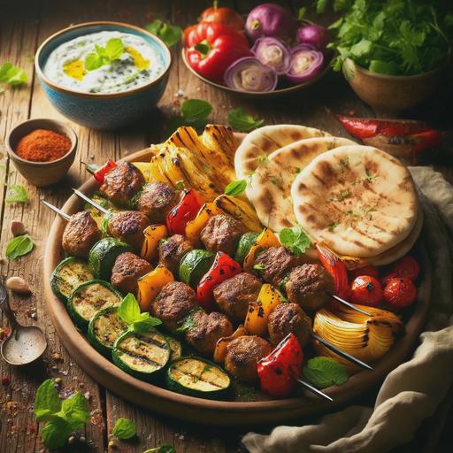 A vibrant and colorful Mediterranean feast is presented on a rustic wooden table under soft, warm lighting. The centerpiece is a large platter filled with juicy, charred lamb kofta skewers nestled alongside fluffy, golden-brown high-fiber pita bread. The koftas are beautifully garnished with fresh mint and parsley, adding a pop of green. Beside the platter, there’s a bowl of rich, creamy tzatziki sauce topped with a sprinkle of dill. Scattered around the platter are grilled vegetables, including red and yellow bell pepper strips, zucchini slices, and red onion wedges, all with perfect grill marks. The vegetables are lightly drizzled with olive oil and a dusting of smoked paprika, giving them a shiny, appetizing look. The entire scene evokes a sense of warmth and communal dining, inviting viewers to dig in.