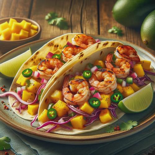 Generated image of Mango and Spicy Grilled Shrimp Tacos. A plate with several soft tacos filled with grilled shrimp.