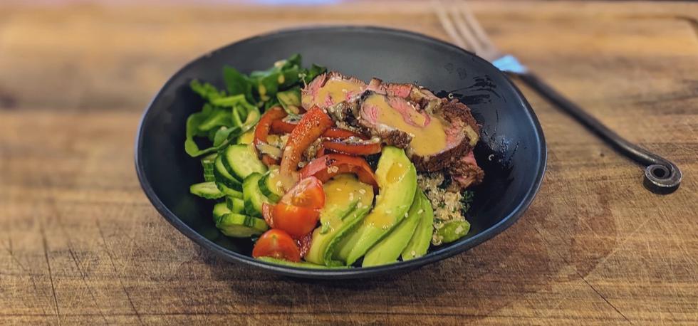 A close-up of the Marinated Steak Grain Bowl.