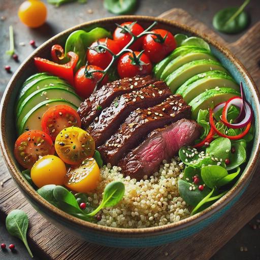 A vibrant Marinated Steak Grain Bowl, beautifully presented in a ceramic bowl. The dish features thinly sliced steak placed on top of a bed of quinoa, with colorful cherry tomatoes, sliced cucumber, avocado, red bell pepper, and mixed greens arranged around the bowl. The steak is cooked to medium-rare, with a slight char, and the vegetables are fresh and crisp. The bowl is garnished with sesame seeds, and the dressing is lightly drizzled on top, giving it a glossy finish. The background is a rustic wooden table, with soft natural lighting highlighting the freshness and colors of the ingredients.