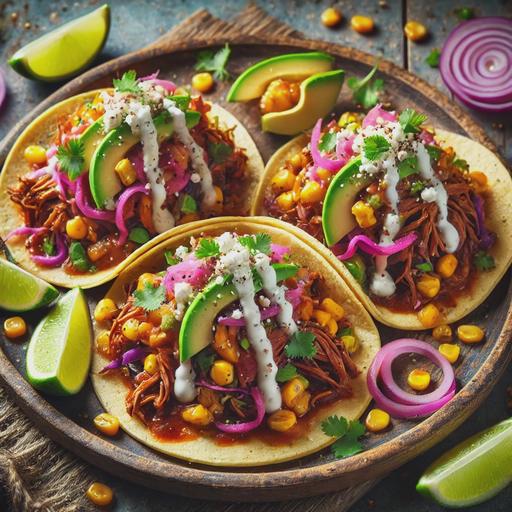 A vibrant plate of Mexican-inspired Mississippi pot roast tacos. The tacos are served on small, artisan corn tortillas filled with juicy shredded pot roast and rich, blended sauce. Garnished with roasted corn kernels, shredded purple cabbage, pickled red onions, avocado slices, and crumbled queso fresco. Drizzled with Mexican crema and sprinkled with fresh cilantro. The tacos are served alongside lime wedges on a rustic plate, with a colorful and appetizing presentation.