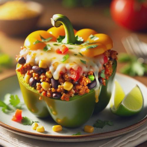 A single serving of stuffed bell pepper on a plate, showcasing a bell pepper with its top cut off, revealing a hearty and colorful filling. The filling consists of browned ground turkey, black beans, corn, quinoa, and diced tomatoes, topped with melted golden Monterey Jack cheese. The pepper is garnished with fresh cilantro and accompanied by a lime wedge. The plate is elegant, and the background is a warm, inviting dining table setting, highlighting the dish's homely and delicious appearance.