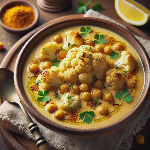 A bowl of creamy Roasted Cauliflower and Chickpea Soup, garnished with roasted cauliflower florets, chickpeas, and a drizzle of olive oil. The soup is a warm golden color, with a smooth texture, and has a hint of turmeric, making the broth rich and vibrant. It’s served in a rustic ceramic bowl, with a lemon wedge on the side and a sprinkle of fresh herbs, like parsley or cilantro, for a pop of green. The setting is simple, on a wooden table, with a spoon and napkin beside the bowl.