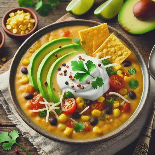 A bowl of creamy Cauliflower Taco Soup garnished with avocado slices, tortilla strips, shredded cheese, and a dollop of sour cream, with fresh cilantro leaves sprinkled on top. The soup is a vibrant mix of creamy blended cauliflower base with visible chunks of corn, black beans, and diced tomatoes. The bowl is placed on a rustic wooden table, with a spoon and napkin beside it. In the background, there are additional garnishes like lime wedges and extra cilantro.