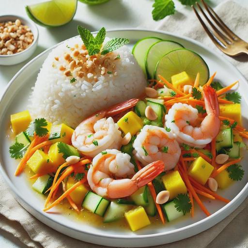 A vibrant plate featuring a Shrimp and Mango Salad alongside a serving of coconut rice. The salad includes plump-cooked shrimp, julienned mango, carrots, cucumber, and fresh herbs like mint and cilantro. The salad is garnished with crushed peanuts and a light dressing. The coconut rice is fluffy and slightly creamy with lime zest. The presentation is colorful and fresh, with bright orange, green, and yellow tones from the salad, and the white coconut rice is neatly placed beside it on a clean white plate.