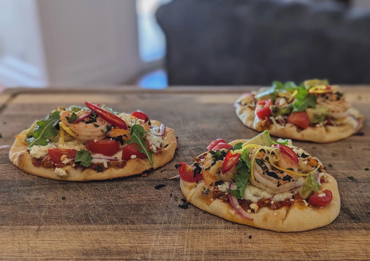 Spicy Cherry Pepper Shrimp Flatbread