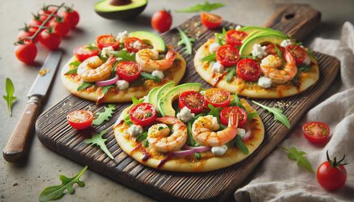 Three individual spicy cherry pepper shrimp flatbreads, artfully arranged on a rustic wooden serving board. Each flatbread is small and personal-sized, with a golden-brown crust topped with vibrant melted mozzarella cheese, bright red cherry tomatoes, perfectly cooked shrimp, thin slices of red onion, and crumbled cotija cheese. Fresh arugula and chopped basil are scattered on top, with creamy avocado slices adorning each flatbread. A light drizzle of lemon juice adds a finishing touch. The background features a casual and inviting Mediterranean-inspired ambiance.