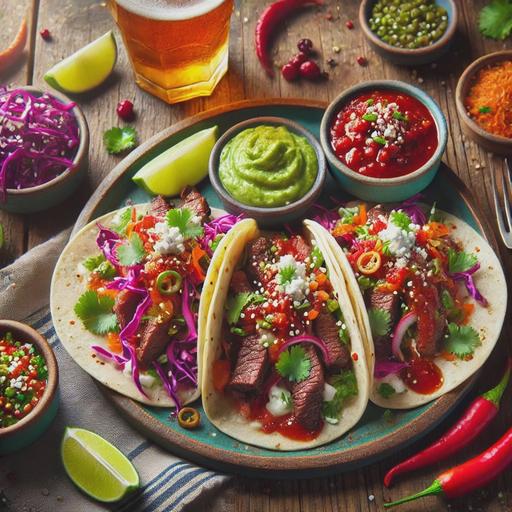 A vibrant plate of tacos on a rustic wooden table. The tacos are filled with thinly sliced grilled steak, topped with a colorful red cabbage and carrot slaw, dollops of creamy avocado sauce, crumbled cotija cheese, chopped red onion, and fresh cilantro leaves. Drizzled generously with a deep red salsa macha featuring chilis, cranberries, and pepitas. A small bowl of the salsa macha and lime wedges are on the side, along with a frosty glass of IPA beer. The setting is bright and inviting, perfect for a festive meal.