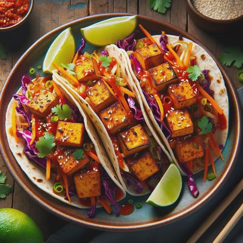 A vibrant and colorful dish featuring spicy gochujang tofu tacos. The tacos are served on whole wheat tortillas. They are filled with golden-brown, crispy-edged tofu strips marinated in a rich, red gochujang sauce. Accompanying the tofu inside the tacos are thinly sliced red cabbage, julienned carrots, and sliced green onions, adding a burst of color. The tacos are garnished with sesame seeds and fresh cilantro leaves, offering a fresh, green contrast to the warm colors of the filling. Lime wedges are placed on the side of the plate, ready for squeezing over the tacos. The dish is presented on a rustic, dark wooden table, emphasizing the vivid colors and textures of the food.