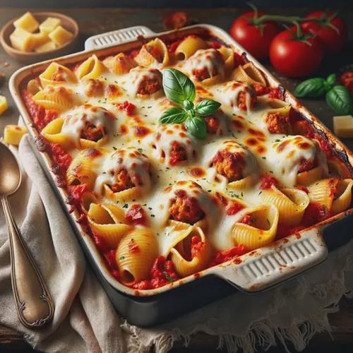 A baked dish of large pasta shells stuffed with spicy Italian sausage, ricotta, Parmesan, and mozzarella cheese, topped with a rich tomato sauce and melted mozzarella cheese. The dish is garnished with fresh basil leaves and served in a rectangular baking dish, showcasing a golden-brown and bubbly cheese topping with vibrant red tomato sauce peeking through. The setting is a rustic kitchen table with a serving spoon beside the dish.