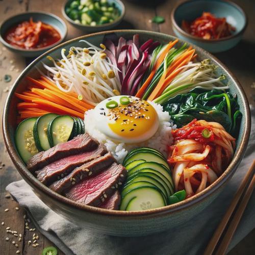 Generated image of a vibrant and colorful bowl of bibimbap featuring fluffy short-grain rice at the bottom, neatly arranged sections of julienned carrots, zucchini, and beef.