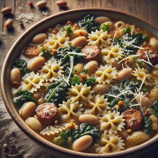 A close-up of a Pasta e Fagioli soup bowl showcasing tiny star-shaped pasta called Pastina. The Pastina pasta is tiny and delicate, floating in a rich, brothy soup with cannellini beans, small pieces of Italian sausage, and finely chopped kale and Swiss chard. The dish is garnished with freshly grated Parmesan cheese, a light drizzle of extra virgin olive oil, and a sprinkle of finely chopped parsley and basil. The soup looks hearty yet comforting, served in a rustic bowl on a wooden table.